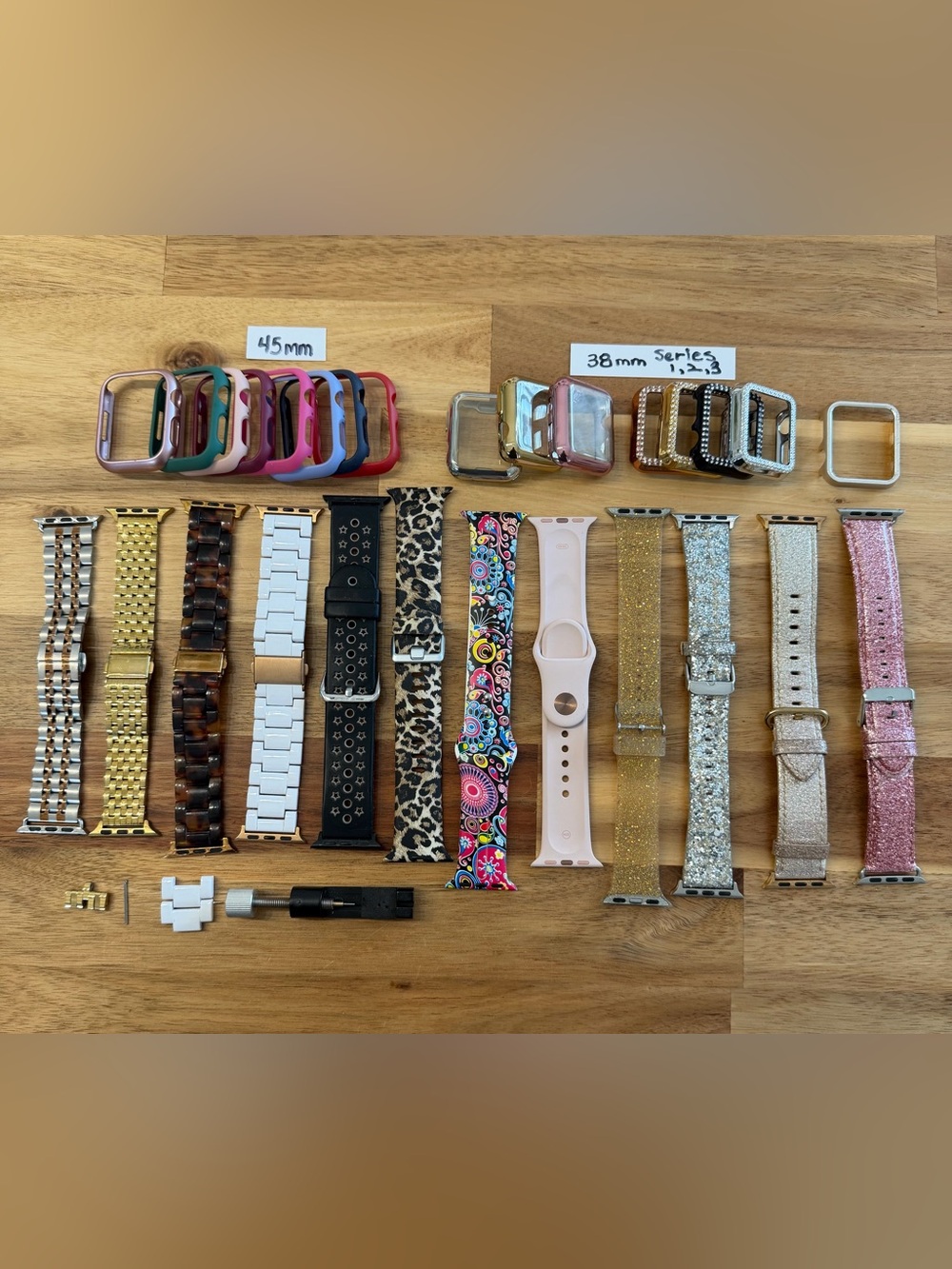 Assorted Apple Watch Bands & Cases - Pink, Gold, White, Leopard, Multicolor